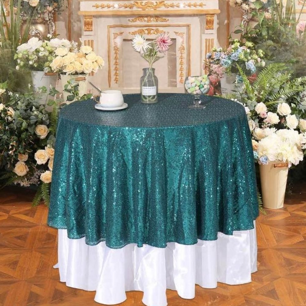 50 inch Round Teal Green Sequin Tablecloth Wedding Party Christmas Home Decor Li